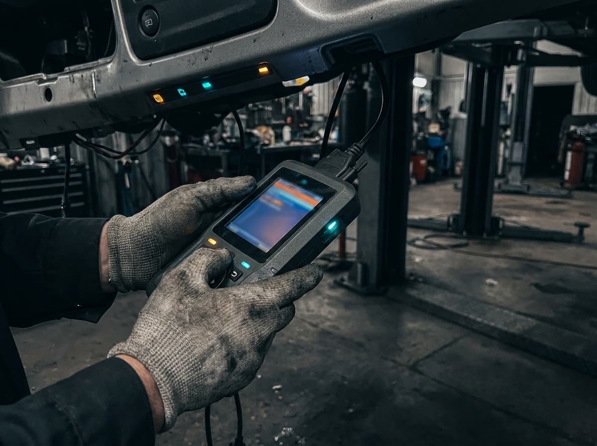 Механик считывает данные авто OBD-сканером — диагностика по приборам