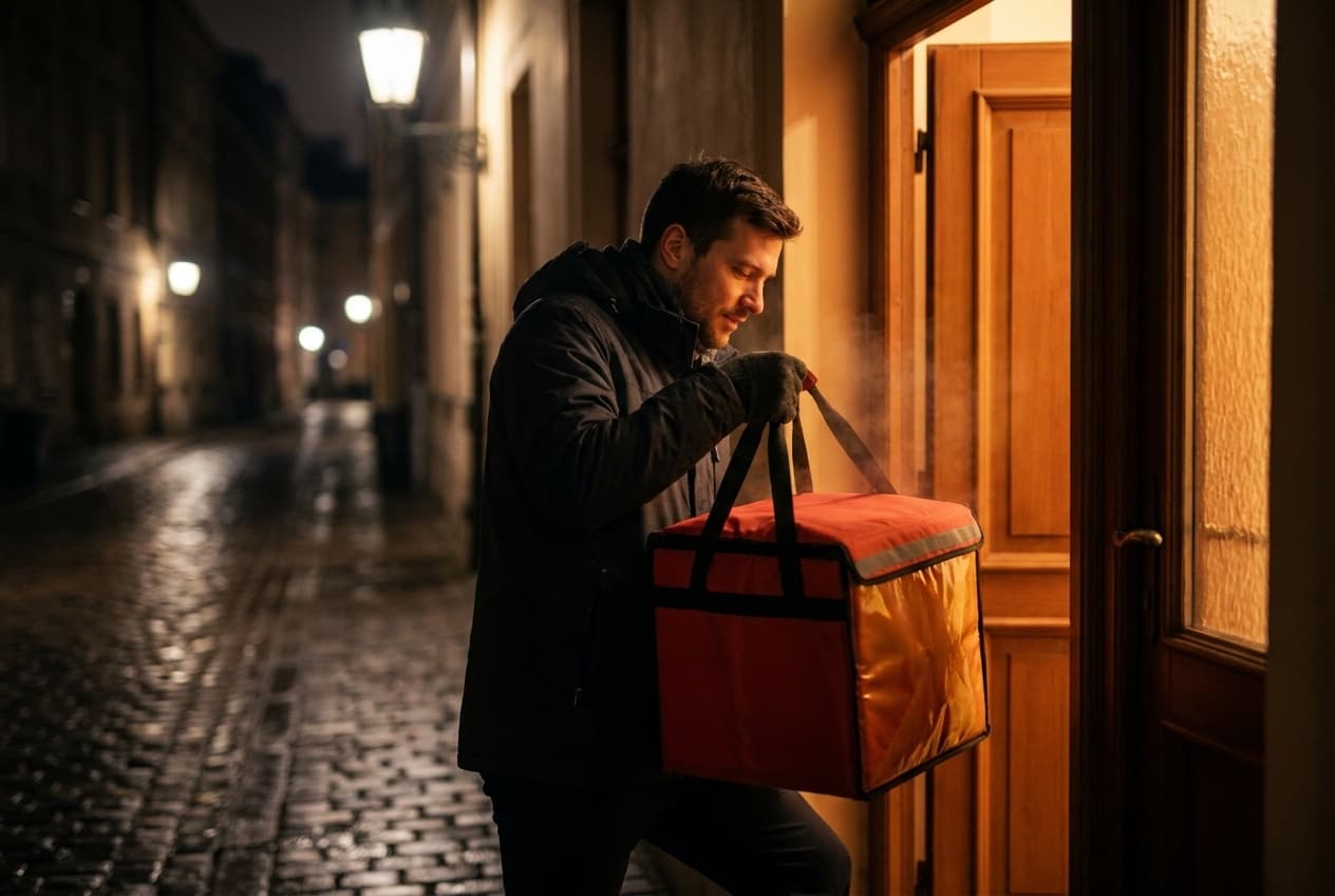 Курьер ПОДНОС с тёплой термосумкой у двери — пример доставки