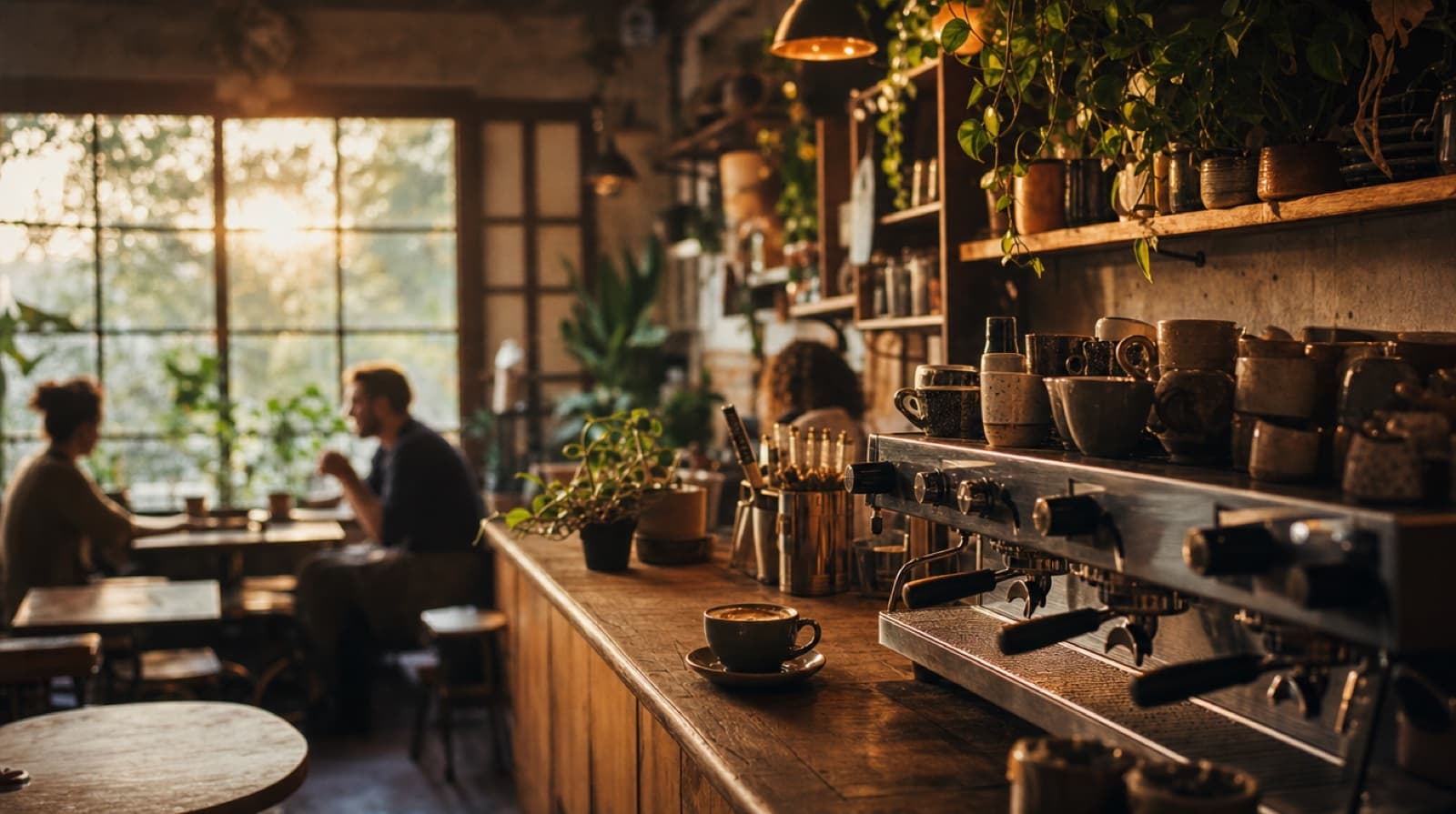 интерьер кофейни в золотой час